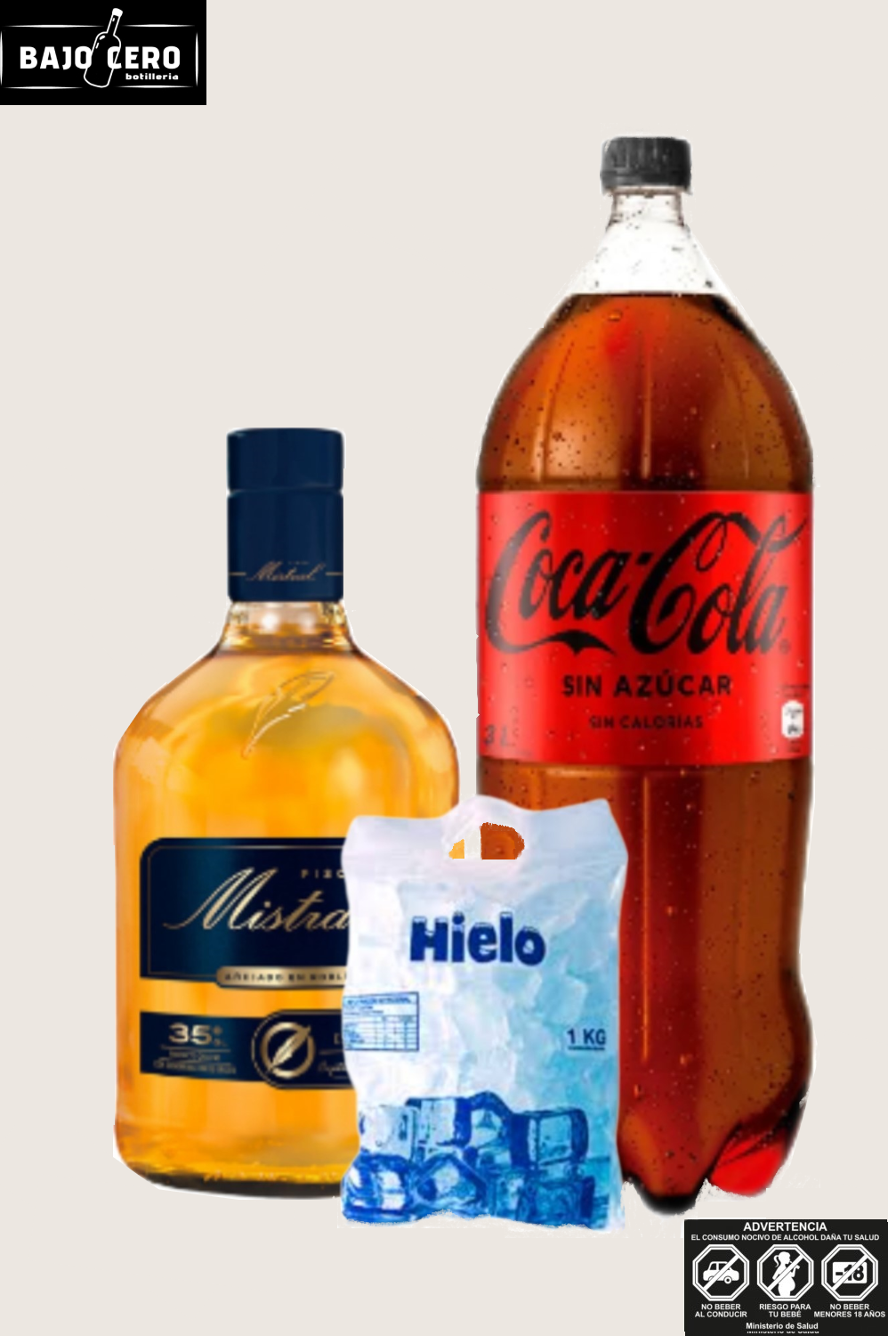 Promo pisco mistral 35º 1L + Coca Zero 3L+ hielo 1kg