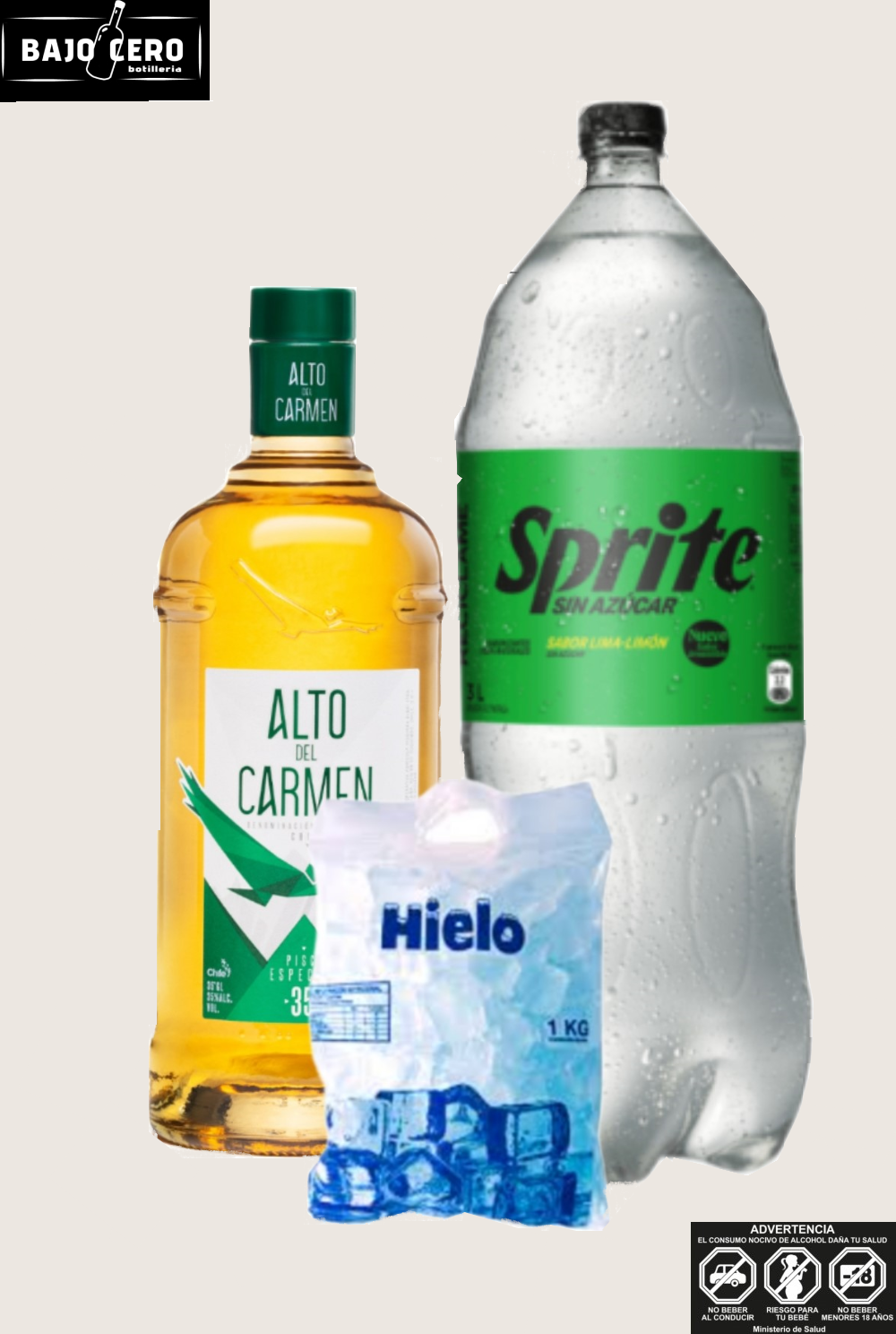 Promo pisco alto del Carmen 35º 1L + Sprite zero 3L+ hielo 1kg