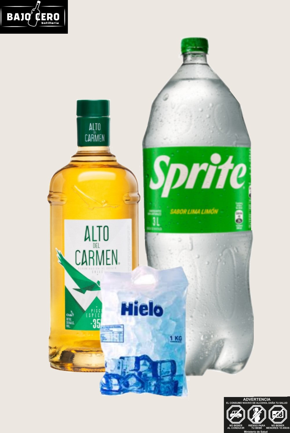 Promo pisco alto del Carmen 35º 1L + Sprite 3L + hielo 1kg