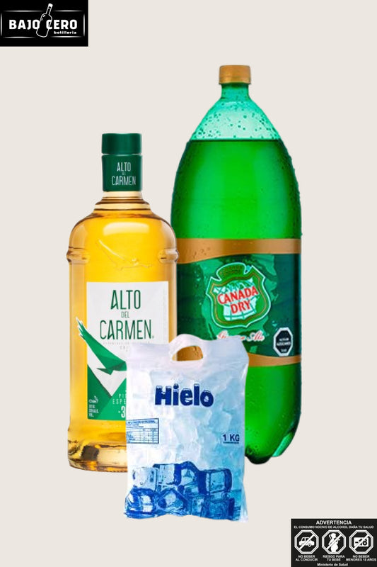 Promo pisco alto del Carmen 35º 1L + canada dry ginger ale 3L+ hielo 1kg