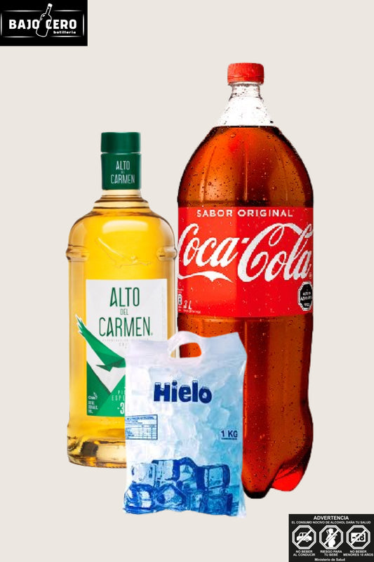 Promo pisco alto del Carmen 35º 1L + coca cola 3L + hielo 1kg