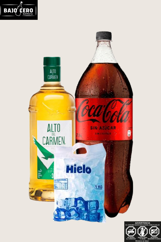 Promo pisco alto del Carmen 35º 1L + coca cola zero 3L + hielo 1kg