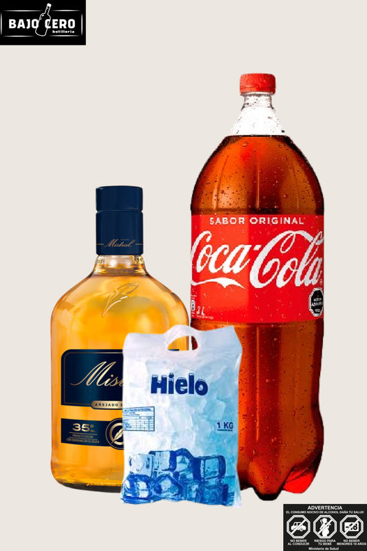 Promo pisco mistral 35º 1L + coca cola 3L + hielo 1kg