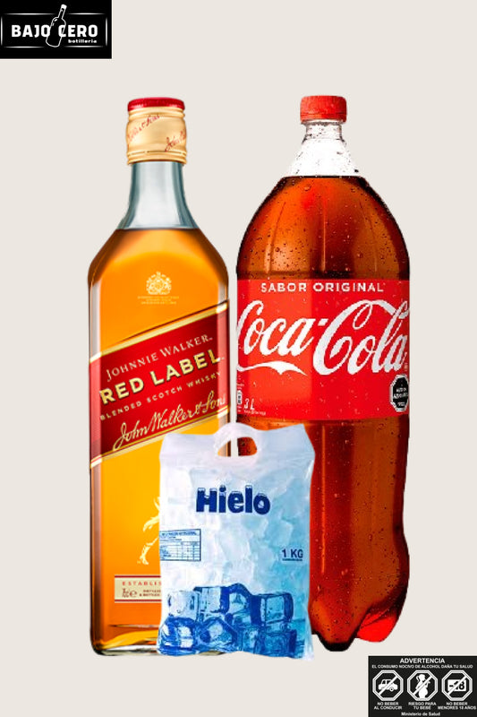 Promo whisky Johnny Walker etiq roja 750cc + coca cola 3L + hielo 1kg