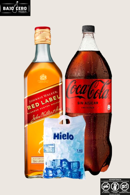 Promo whisky Johnny Walker etiq roja 750cc + coca cola zero 3L + hielo 1kg
