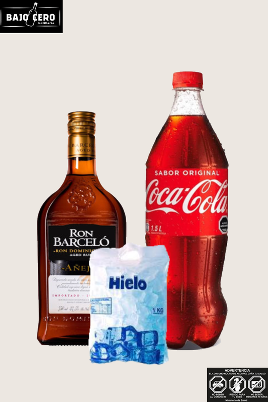 RON BARCELO AÑEJO 750CC + COCA 1.5 LT + HIELO